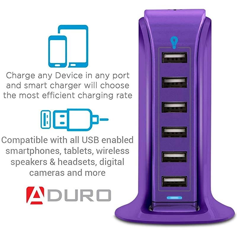 40W 6-Port USB Desktop Charging Station Hub Wall Charger for iPhone iPad Tablets Smartphones with Smart Flow (Purple)