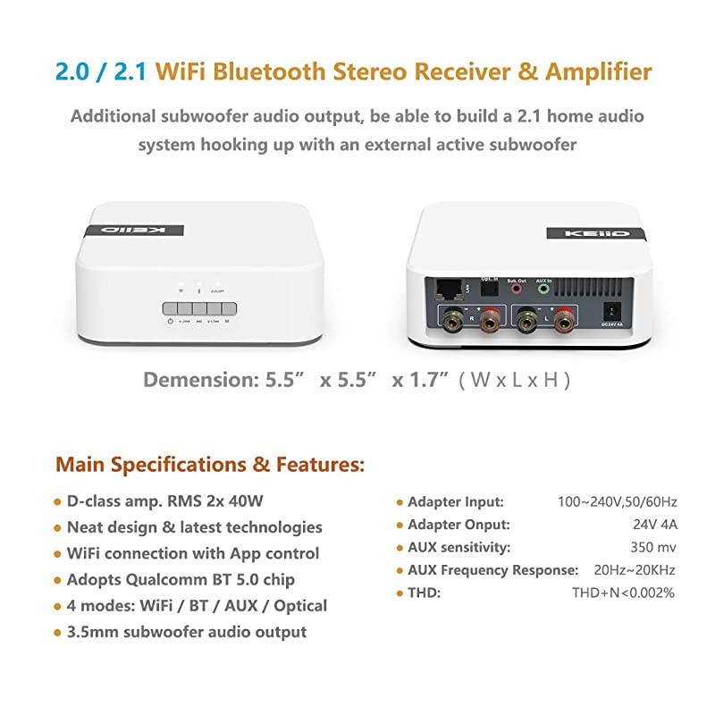 WiFi Bluetooth Stereo Digital Receiver Amplifier for 2021 Home Audio Bookshelf Passive Speaker System with Optical AUX Input Subwoofer Output App Control with Clock Alarm amp Sleep Timer