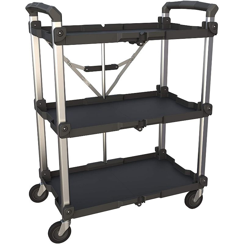Olympia Tools Pack N Roll Collapsible Folding Aluminum 300 Pounds Capacity 3 Shelf Service Office Utility Cart, Black