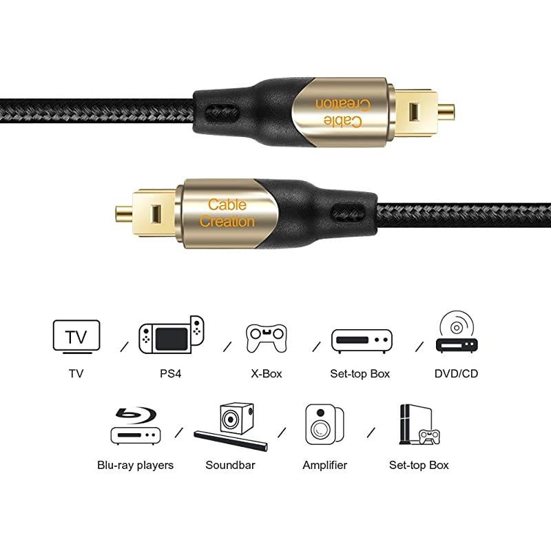 50 Feet Toslink Male to Toslink Male Digital Optical SPDIF Audio Cable Braided Fiber Cable with Metal Connectors Black Gold 152 Meters