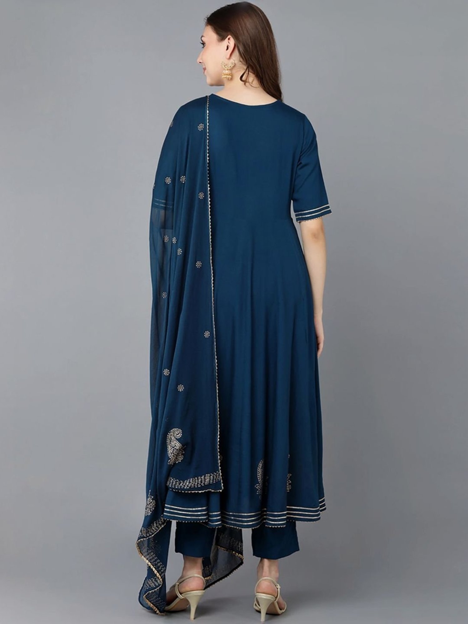 Vaamsi Teal Blue Cotton Embroidered Kurta Pant Set With Dupatta