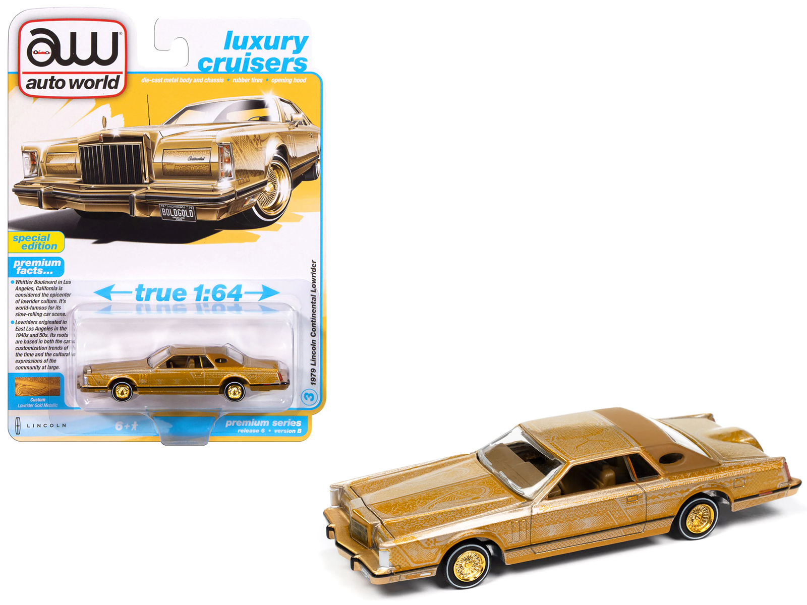1979 Lincoln Continental Lowrider Gold Metallic with Lowrider Graphics "Luxury Cruisers" Series 1/64 Diecast Model Car by Auto World