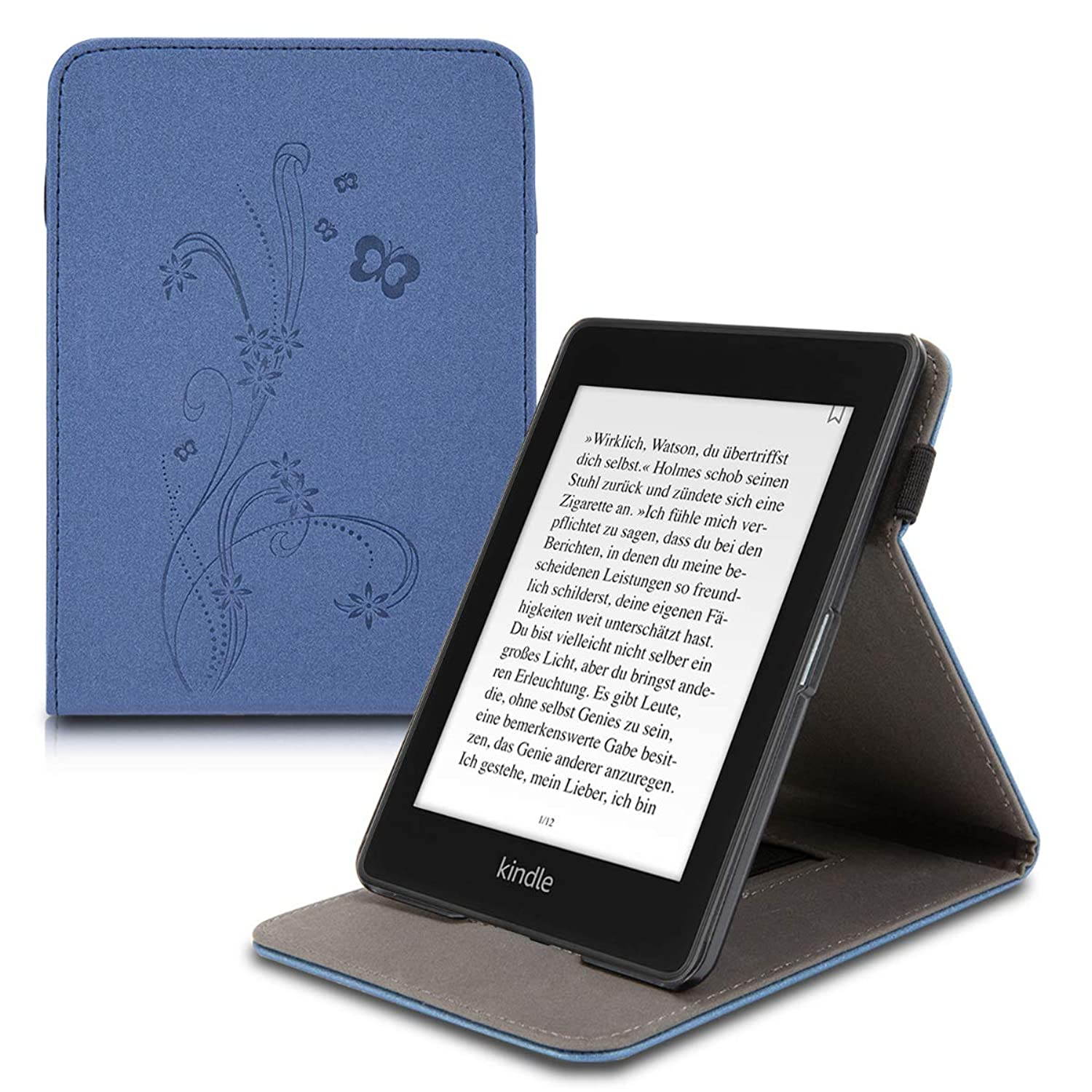 kwmobile Cover Compatible with Amazon Kindle Paperwhite (10. Gen - 2018) - PU Leather e-Reader Case - Butterfly Tendril Dark Blue