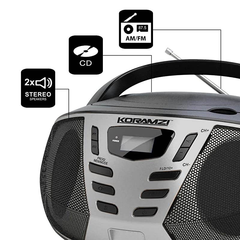 Portable CD Boombox with AM/FM Radio,AUX in,Top Loading CD Player,Telescopic Antenna, LCD Display for Indoor & Outdoor,Offices,Home,Restaurants,Picnics,School, Camping (Black/Silver) CD55-BKS