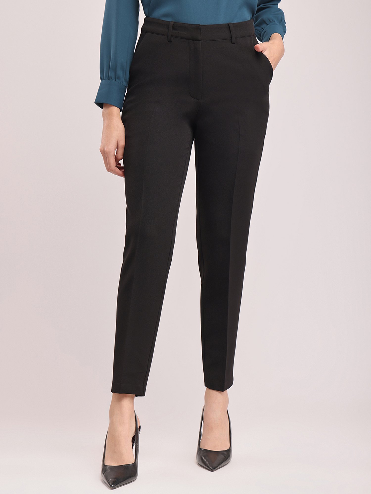 Fablestreet Black Polyester Tapered Fit Trousers