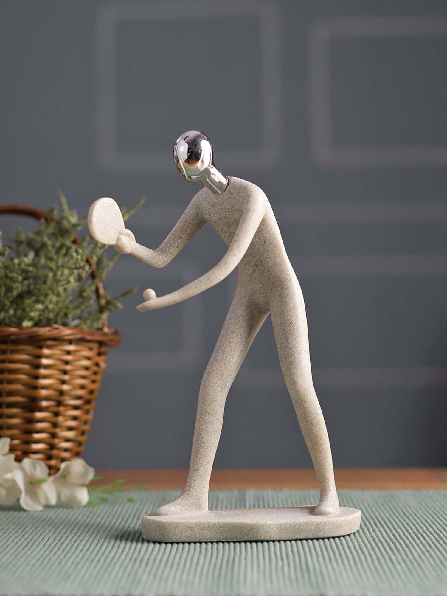 Tayhaa Off-White & Silver Resin Table Tennis Athlete Decor Piece