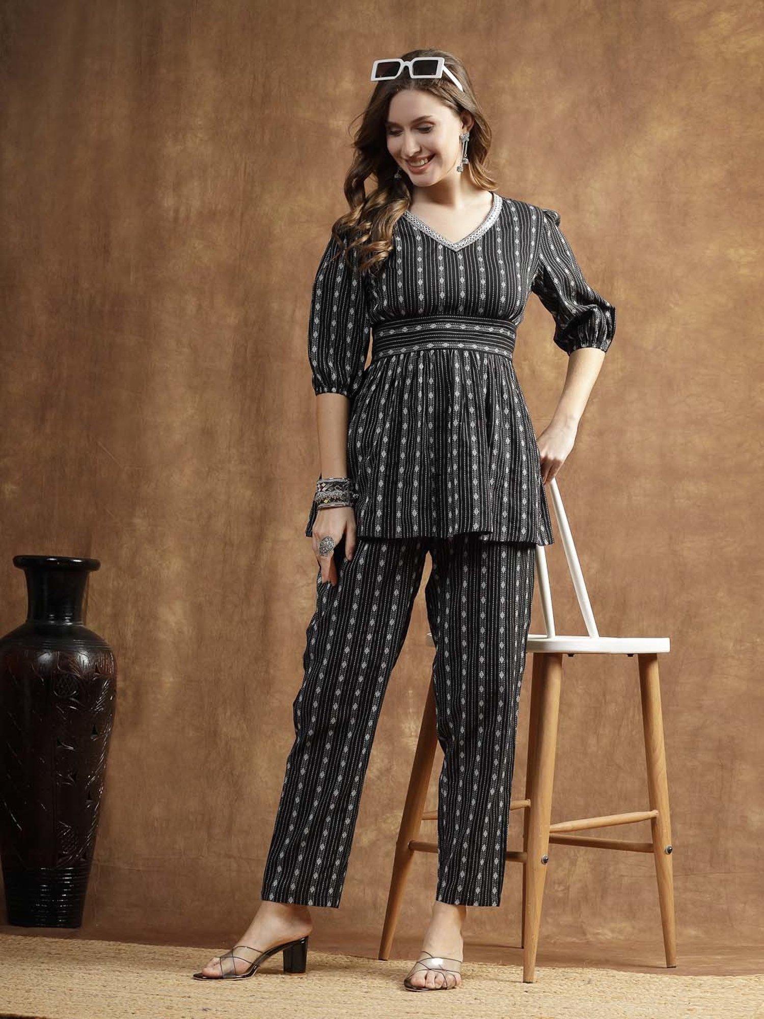 Stylum Black Cotton Embroidered Kurti Pant Set