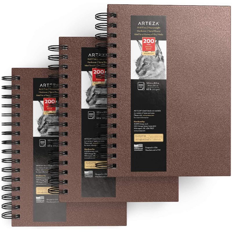 Arteza Sketchbook, Spiral-Bound Hardcover, Brown, 5.5"x8.5", 200 Pages of Paper Each - 3 Pack (ARTZ-9134)