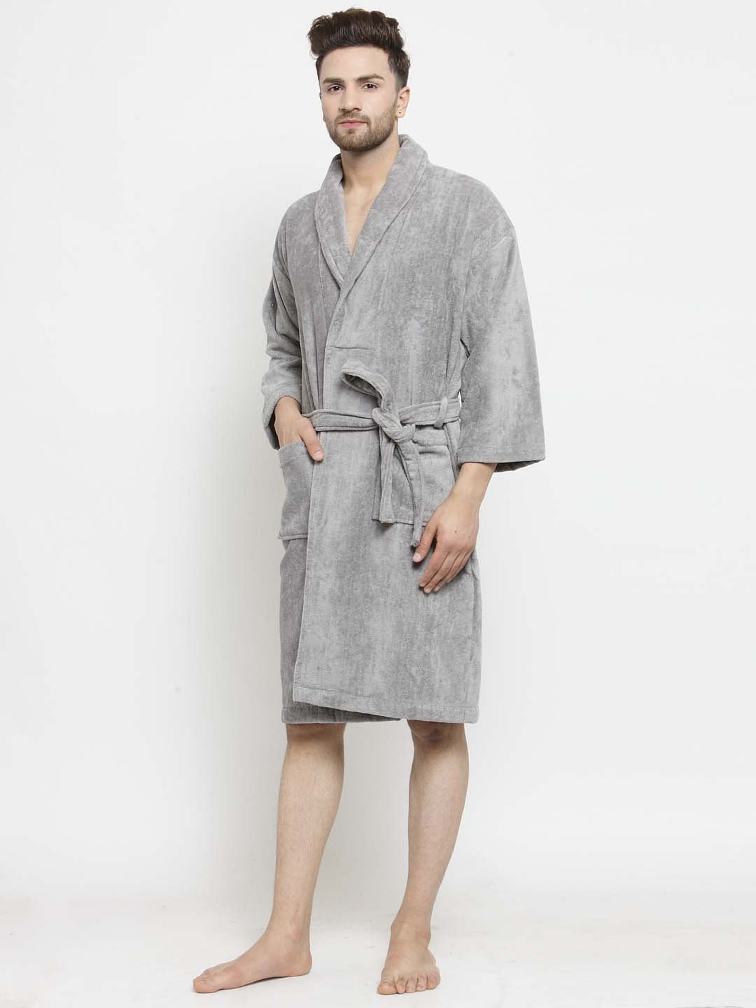 Creeva Everyday Red & Navy 225 GSM Micro Terry Bathrobe with Front Pocket & Kimono Collar