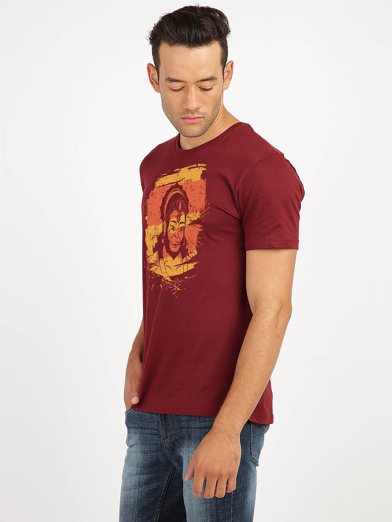 BLACK RADIO Maroon Slim Fit Printed Cotton Crew T-Shirt