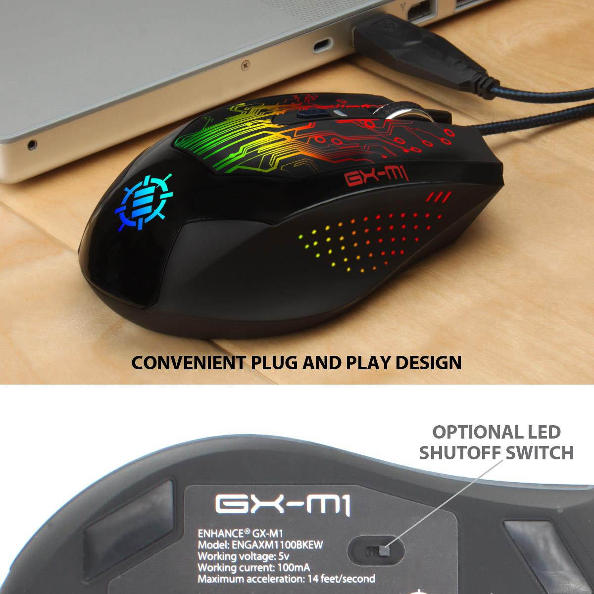 ENHANCE GX-M1 Gaming Mouse with 3500 dpi, Optical Sensor and Color-Changing LED Lights