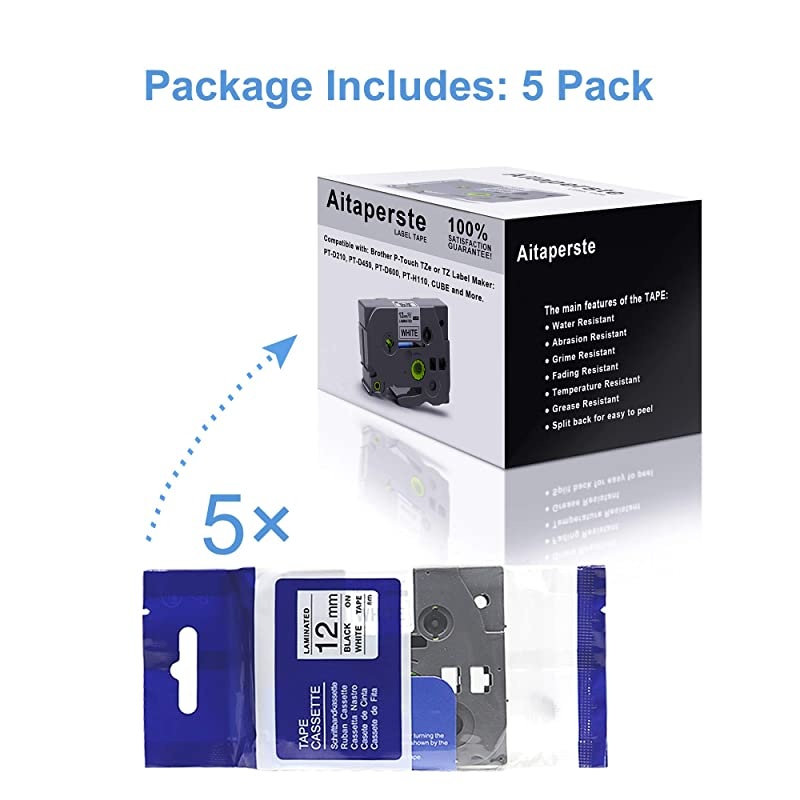 Compatible Label Tape Replacement for P Touch Tapes TZ TZe231 Laminated 12mm 047 Black on White Compatible with Brother PTouch Label Maker PTD210 D450 D400 1280 H110 5 Pack 131 Feet