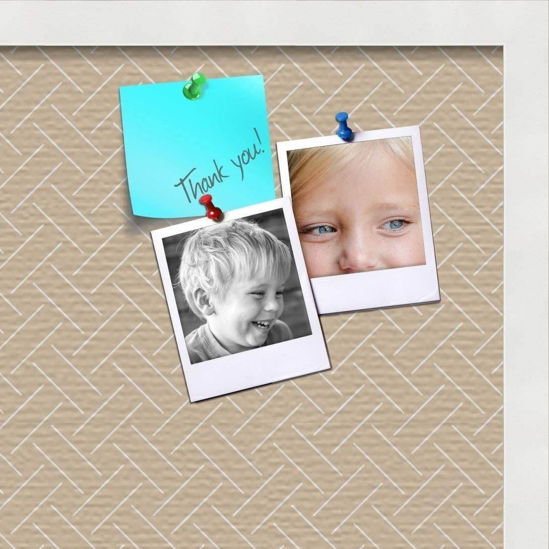 PinPix custom printed pin cork bulletin board made from canvas, Lattice Beige 20x20 Inches (Completed Size) and framed in Satin White Frame (PinPix-Group-91)
