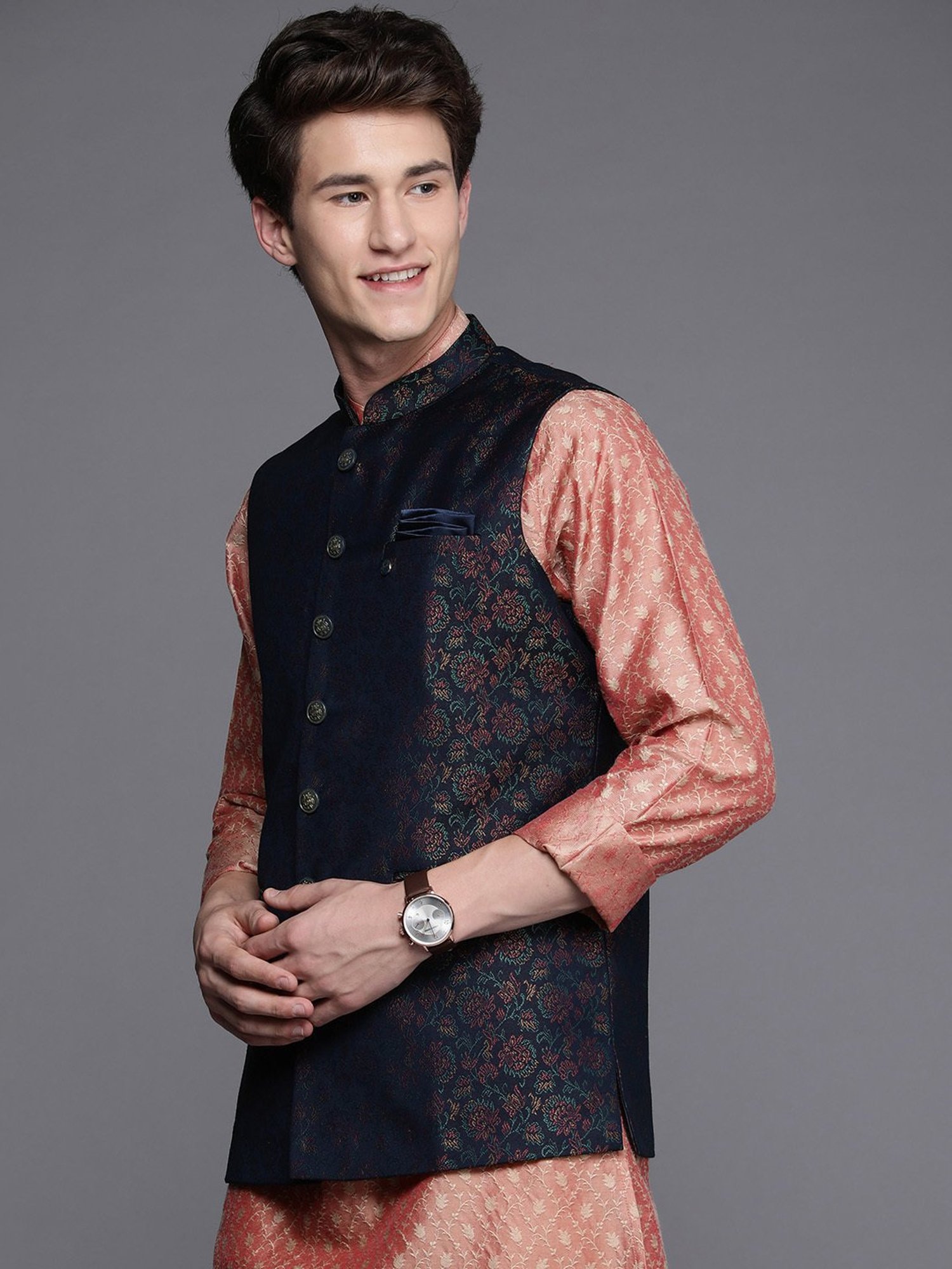 Manyavar Blue Regular Fit Floral Print Nehru Jacket