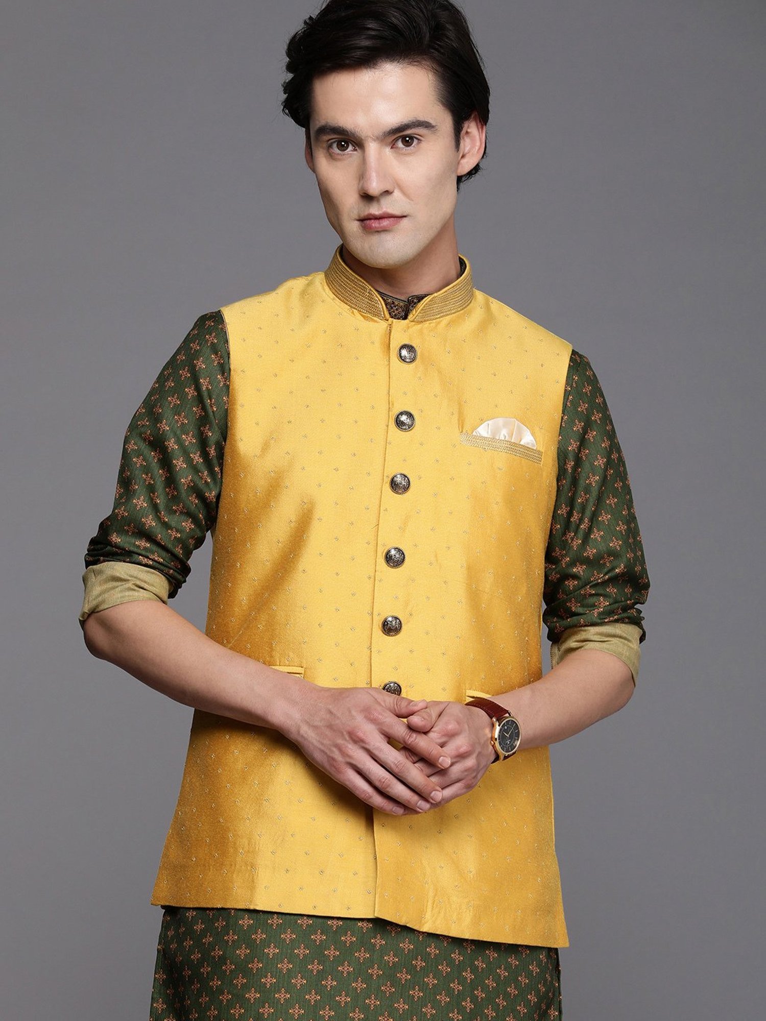 Manyavar Mustard Regular Fit Printed Nehru Jacket