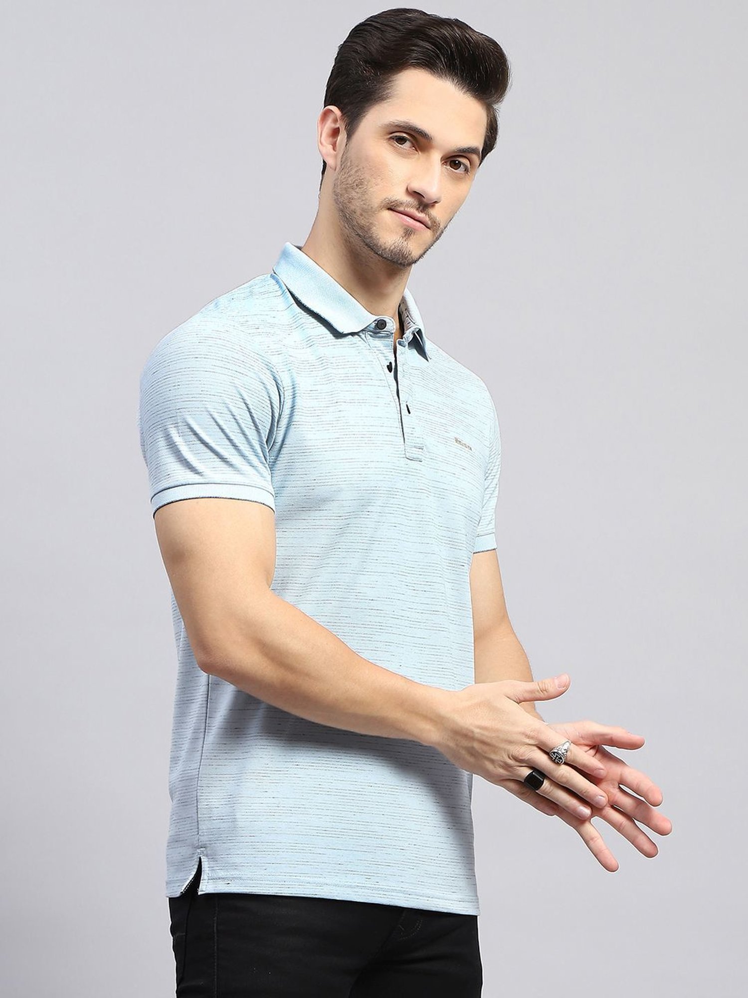 Monte Carlo Sky Blue Regular Fit Striped Polo T-Shirt