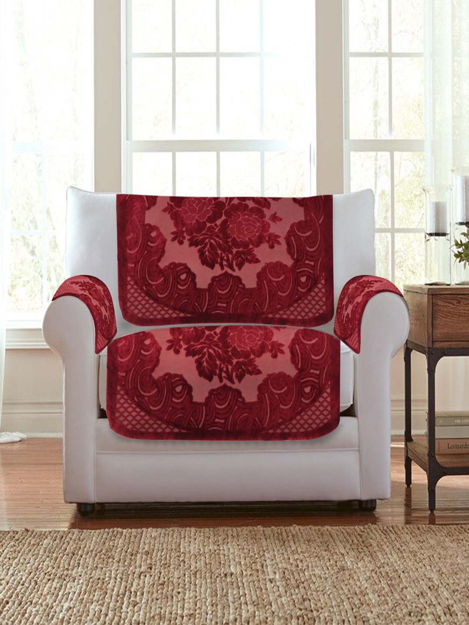 HOSTA HOMES Maroon Polyester Sofa Cover With Arm Rest - Set of 16