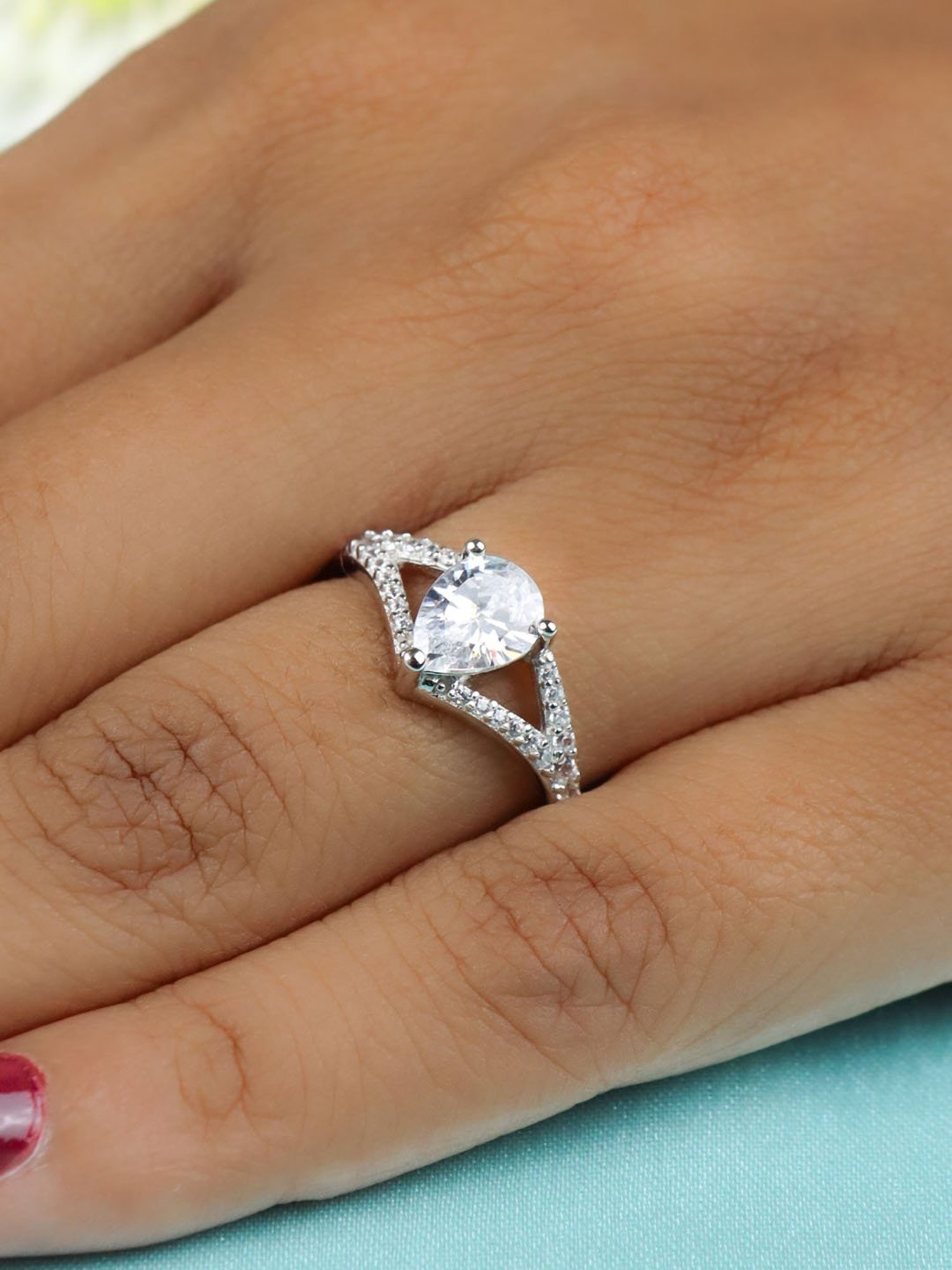 925 Silver Pear American Diamond Solitaire Wedding Engagement Ring for Women & Girls