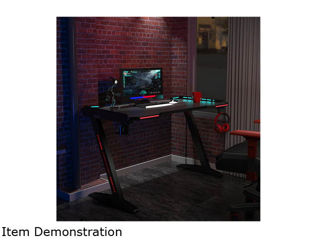 Gaming Desk, 55 Inch Gaming Table, PC Computer Workstation with LED RGB Lights, Headphone Hook and Cup Holder for Home, Black