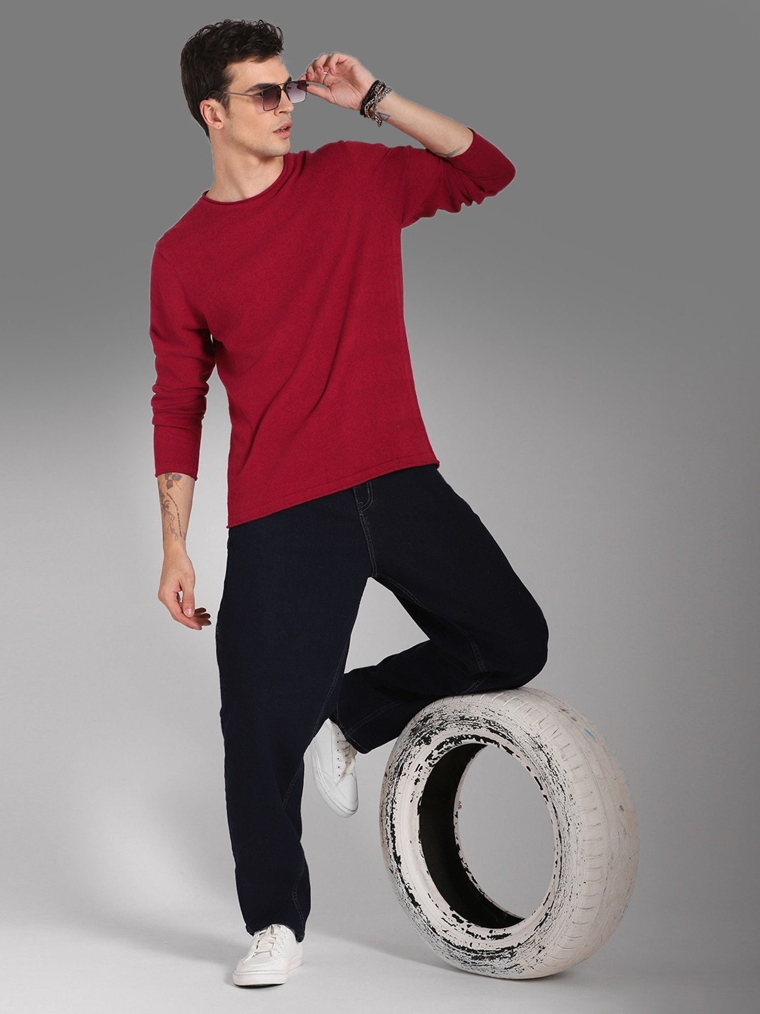 High Star Red Cotton Regular Fit Sweater