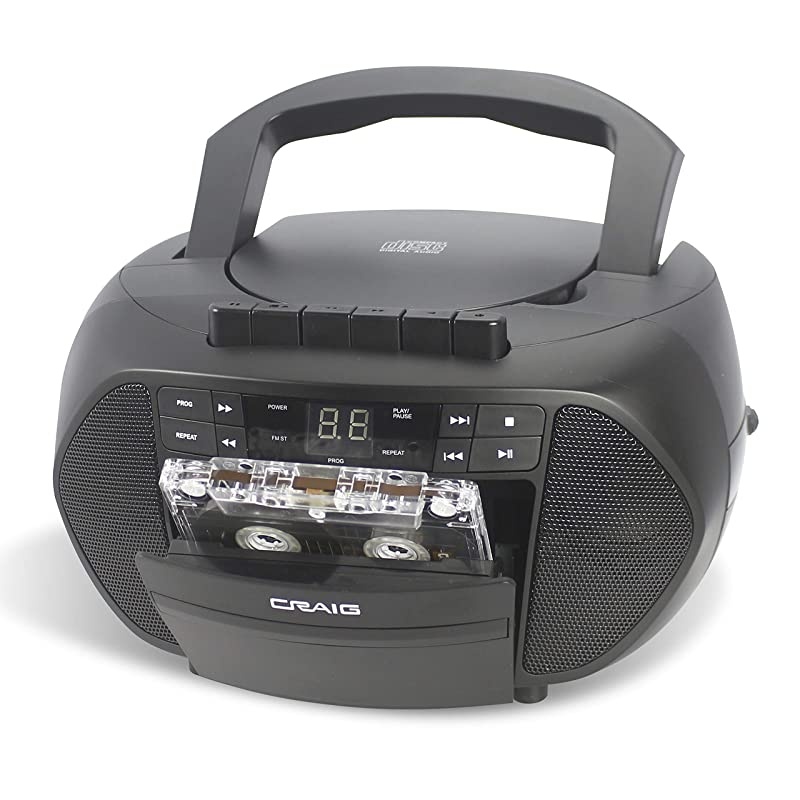 CD6951 Portable Top-Loading CD Boombox with AM/FM Stereo Radio and Cassette Player/Recorder in Black | 6 Key Cassette Player/Recorder | LED Display |