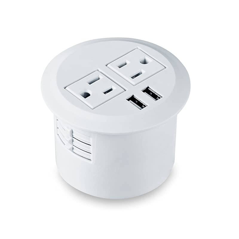 Desktop Power Grommet Power Outlet Socket Desk Data Center 2 Outlet with 2 USB Ports with 10 FT Extension CordWhite