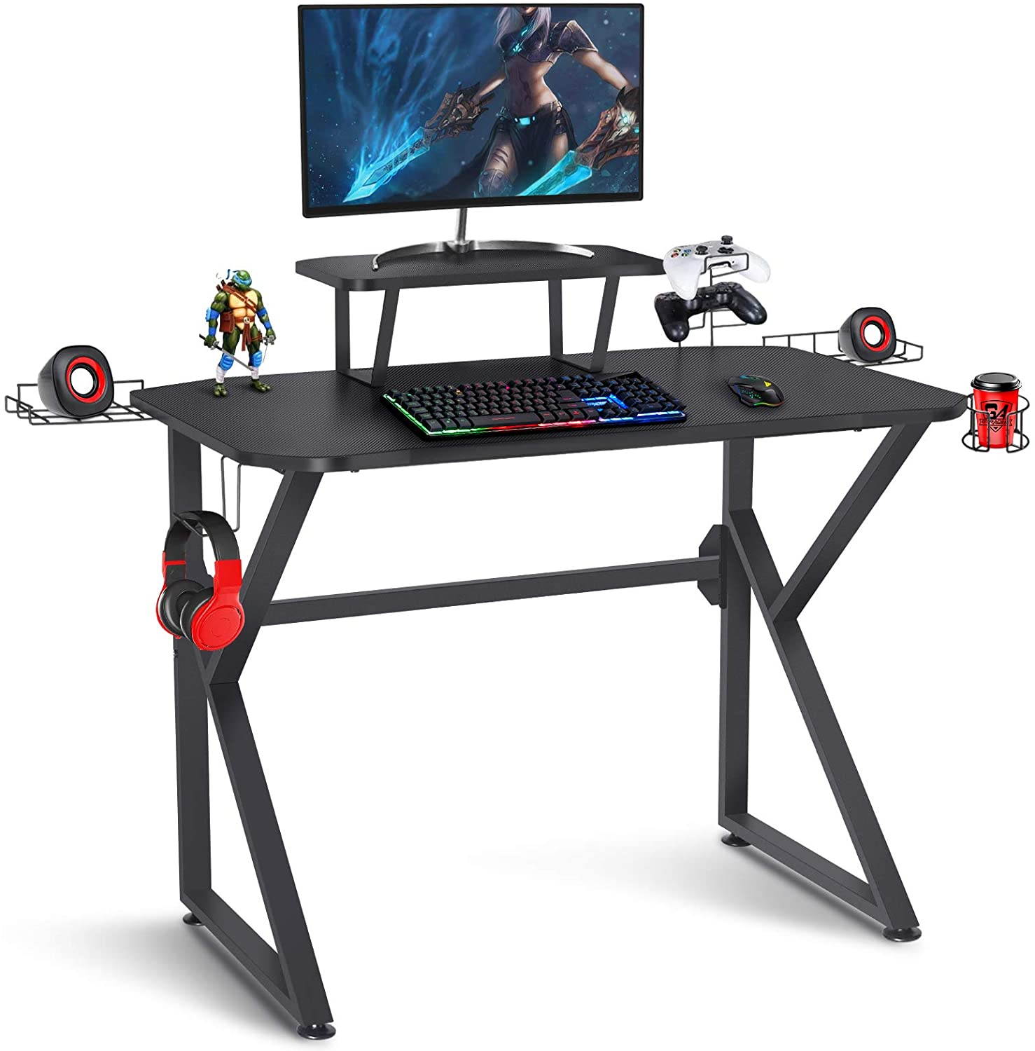 Gaming Desk 39 Inch Computer Desk Gaming Table K Shaped Pc Gaming Workstation Home Office Desk with Headphone/CD Holder, Gaming Controller Rrack,Black