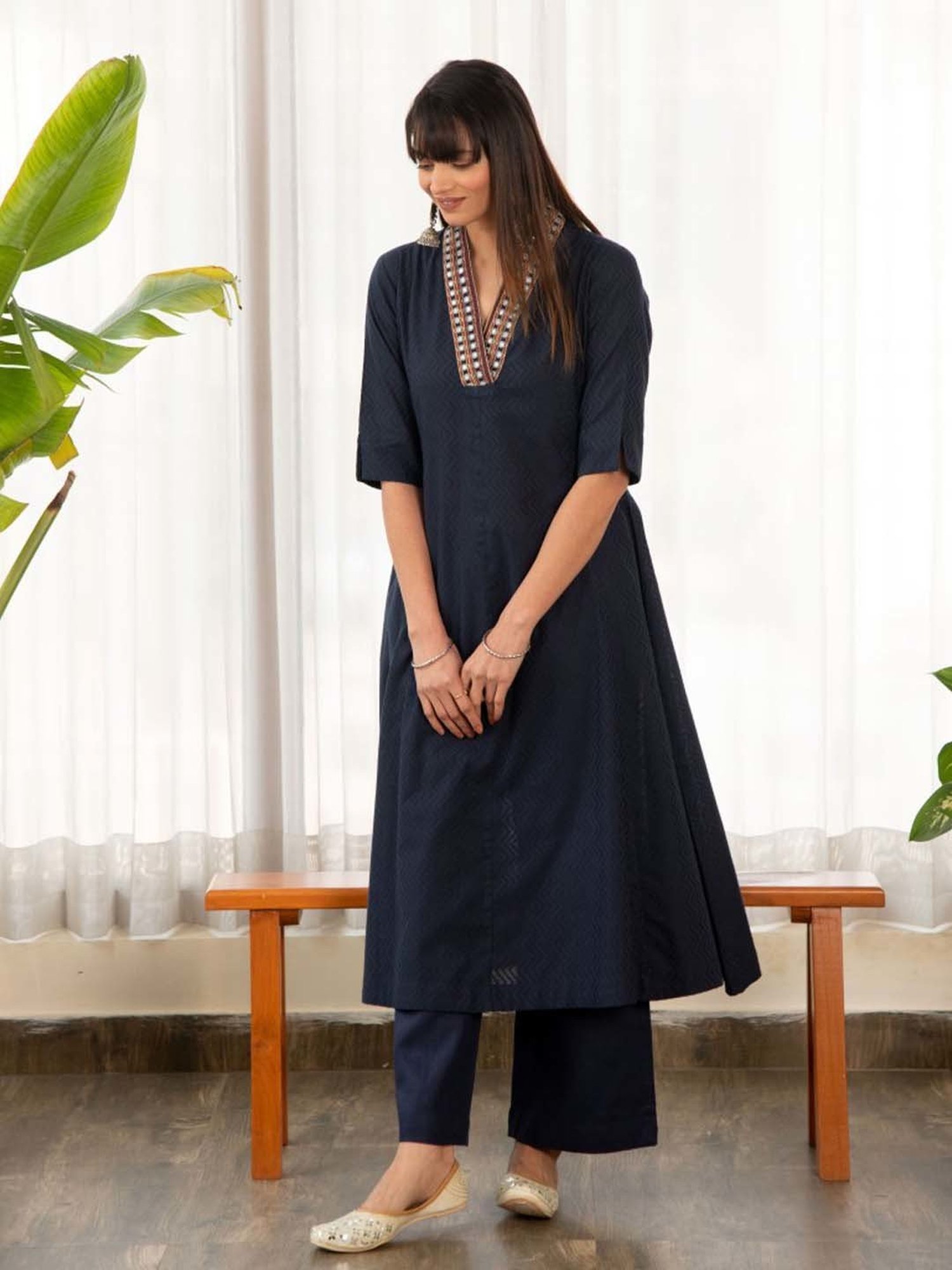 Ekohum Blue Dobby A-Line Kurta