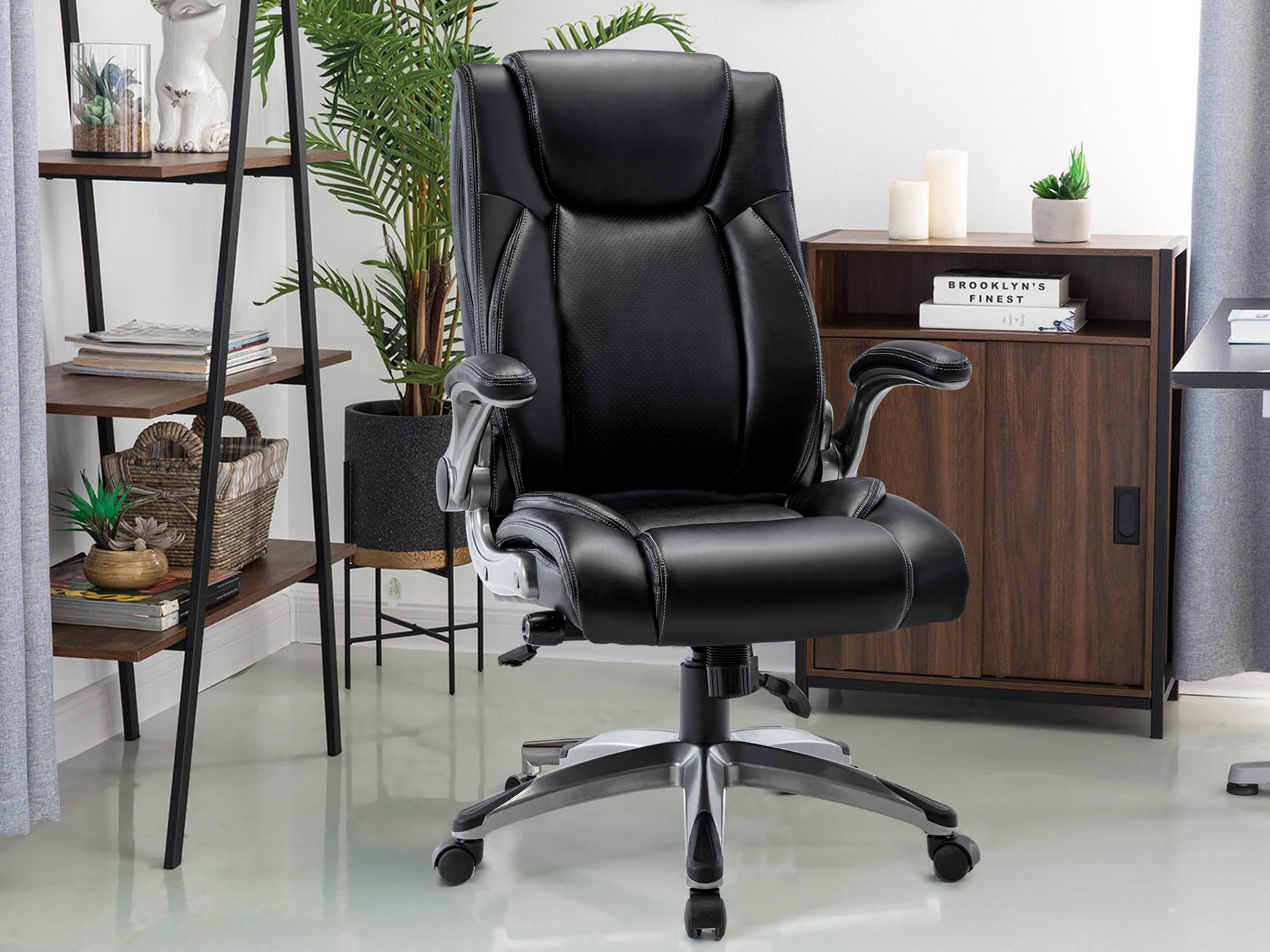 STARSPACE  Multifunctional Office Chair, Executive Computer Desk Task Swivel Chair - Adjustable Built in Lumbar Support, Tilt Angle and Flip-Up Arms, Metal Base, Black