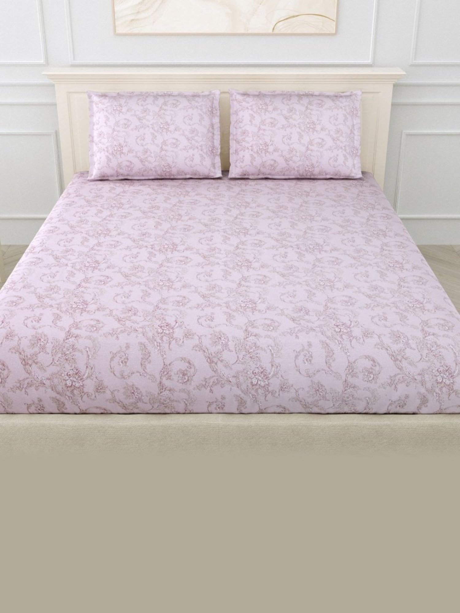 Haus & Kinder Printed Pink 300 TC Cotton King Bed Sheet with 2 Pillow Covers