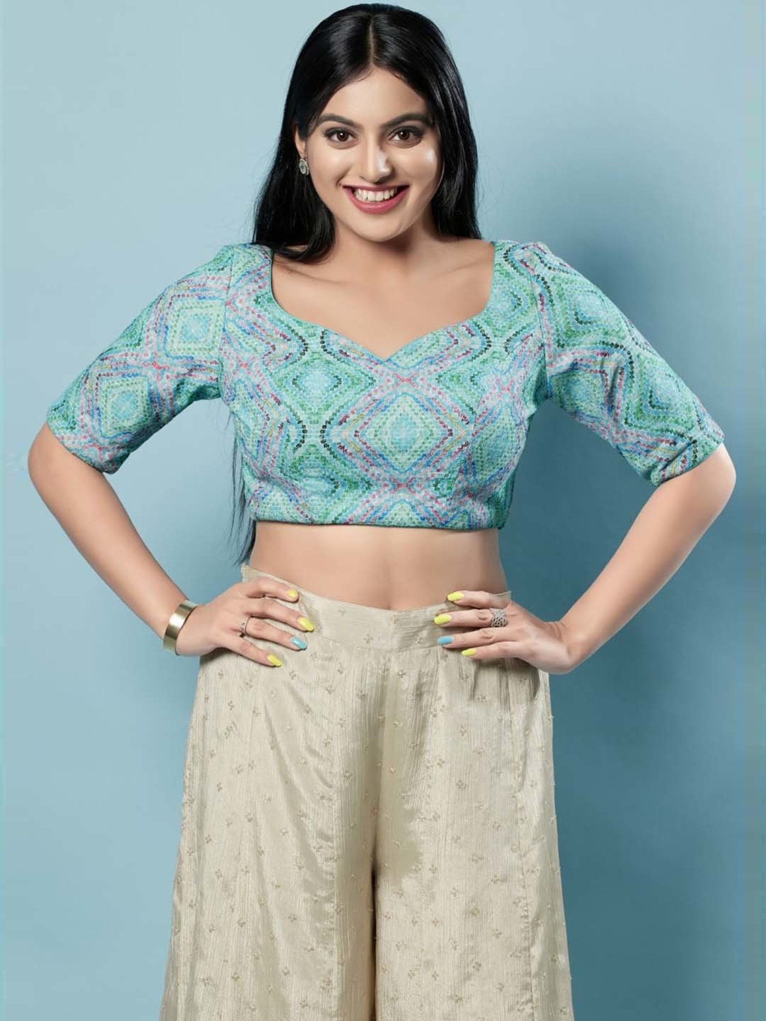 Salwar Studio Aqua Blue Embroidered Half Sleeves Readymade Blouse