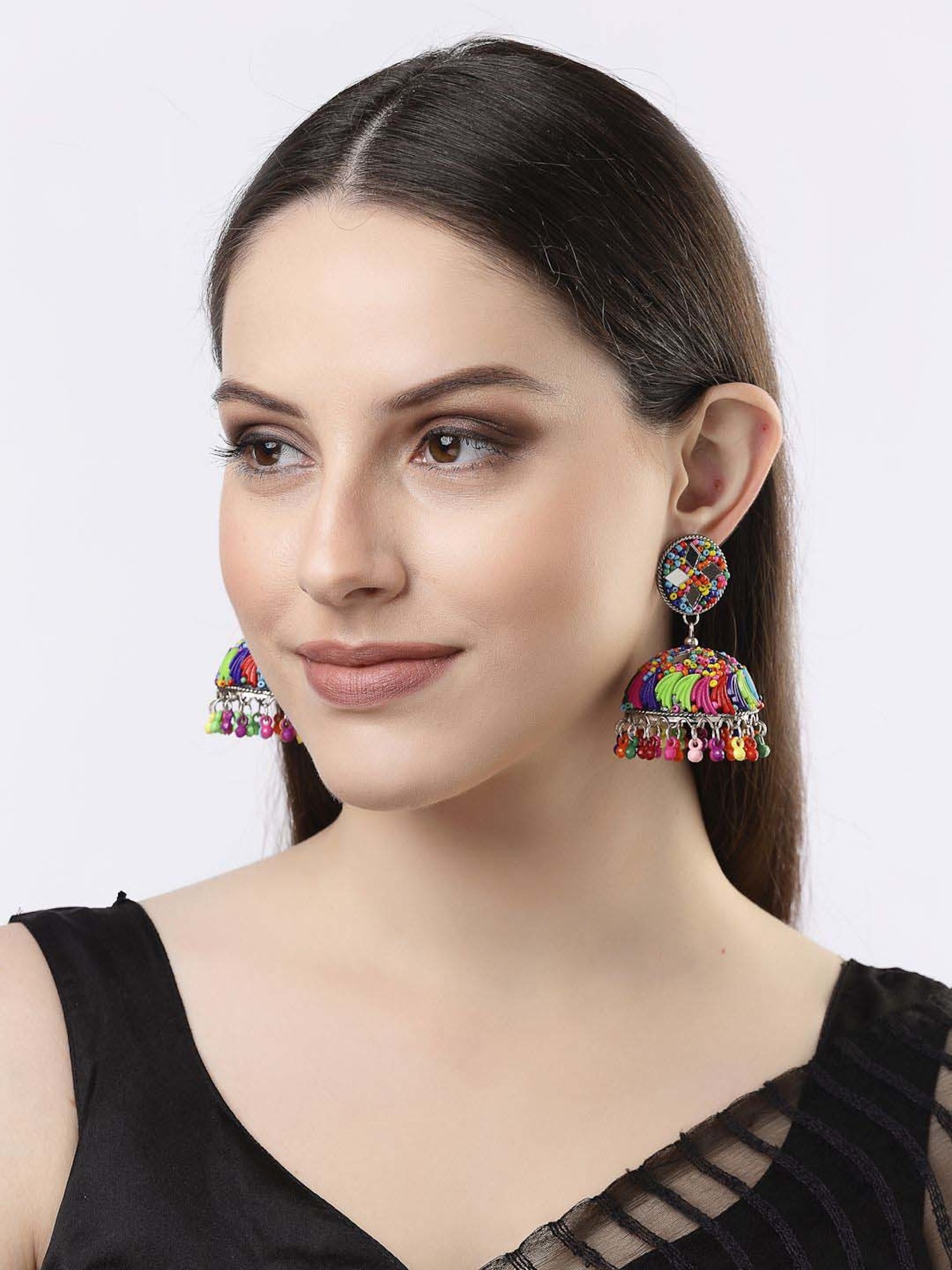 NVR Multi Color Artificial Beads Brass-Plated Dome Shaped Jhumki Earrings for Women