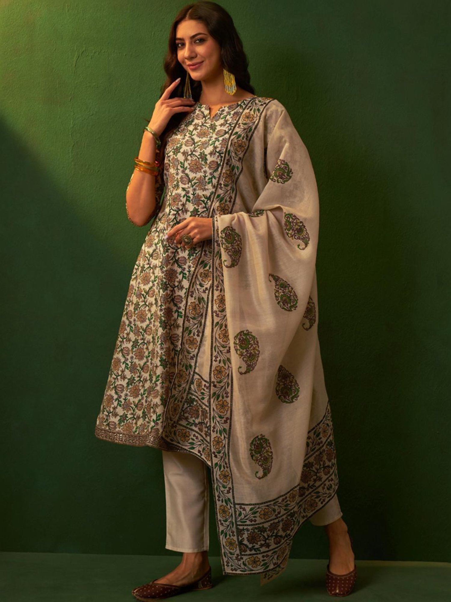 Ziyaa Beige Printed Kurta Pant Set With Dupatta