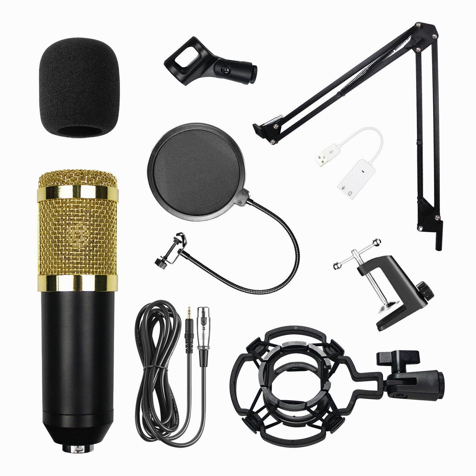 BM-800 Condenser Microphone Kit Studio Pop Filter Boom Scissor Arm Stand Mount