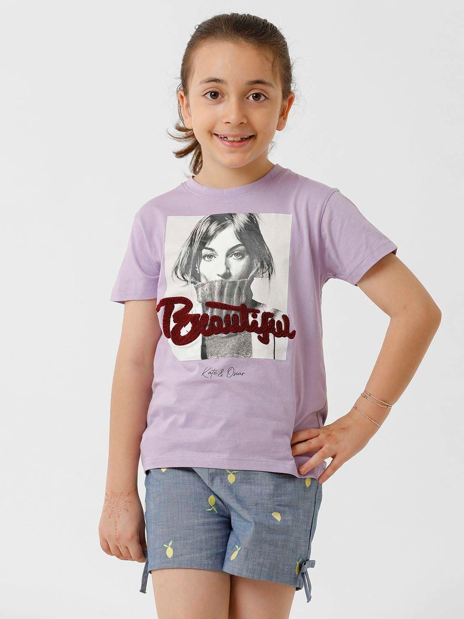 Kate & Oscar Kids Purple Cotton Printed T-Shirt