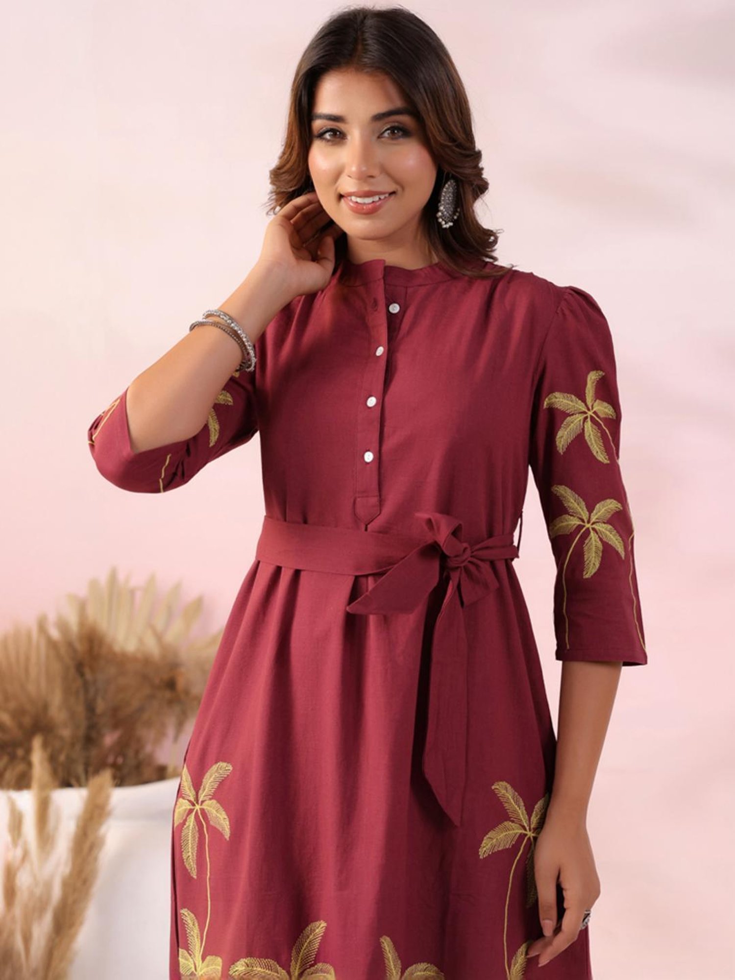 Fashor Maroon Cotton Embroidered Kurta Pant Set