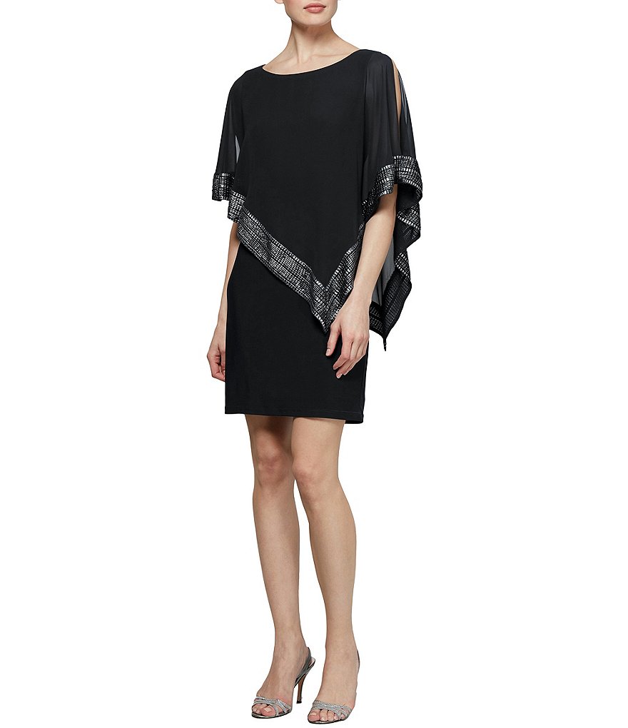 Ignite Evenings Round Neck 3/4 Cold Shoulder Sleeve Foil-Trim Asymmetrical Hem Dress