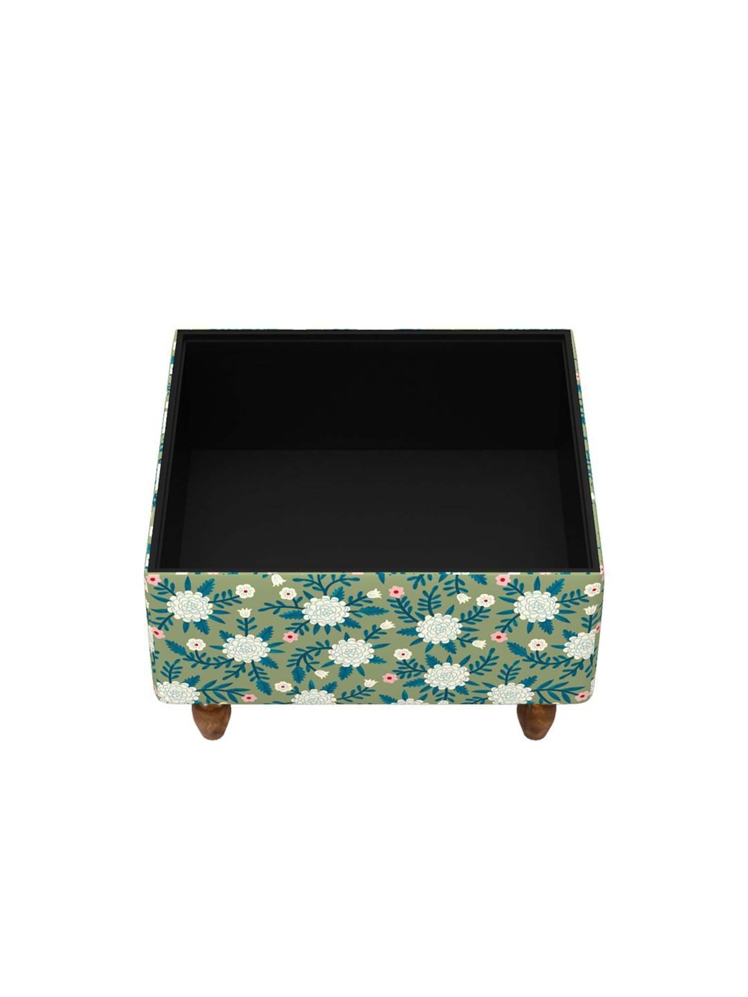 Chumbak Spring Marigold Floral Green Mango Wood Modern Trunk Storage Ottoman