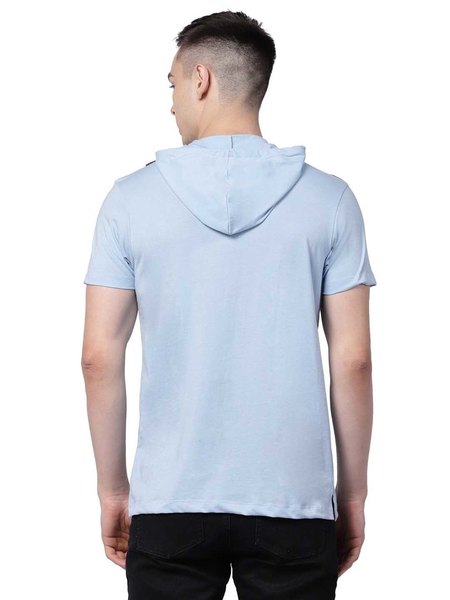 Kalt Sky Blue Regular Fit Striped Hooded T-Shirt