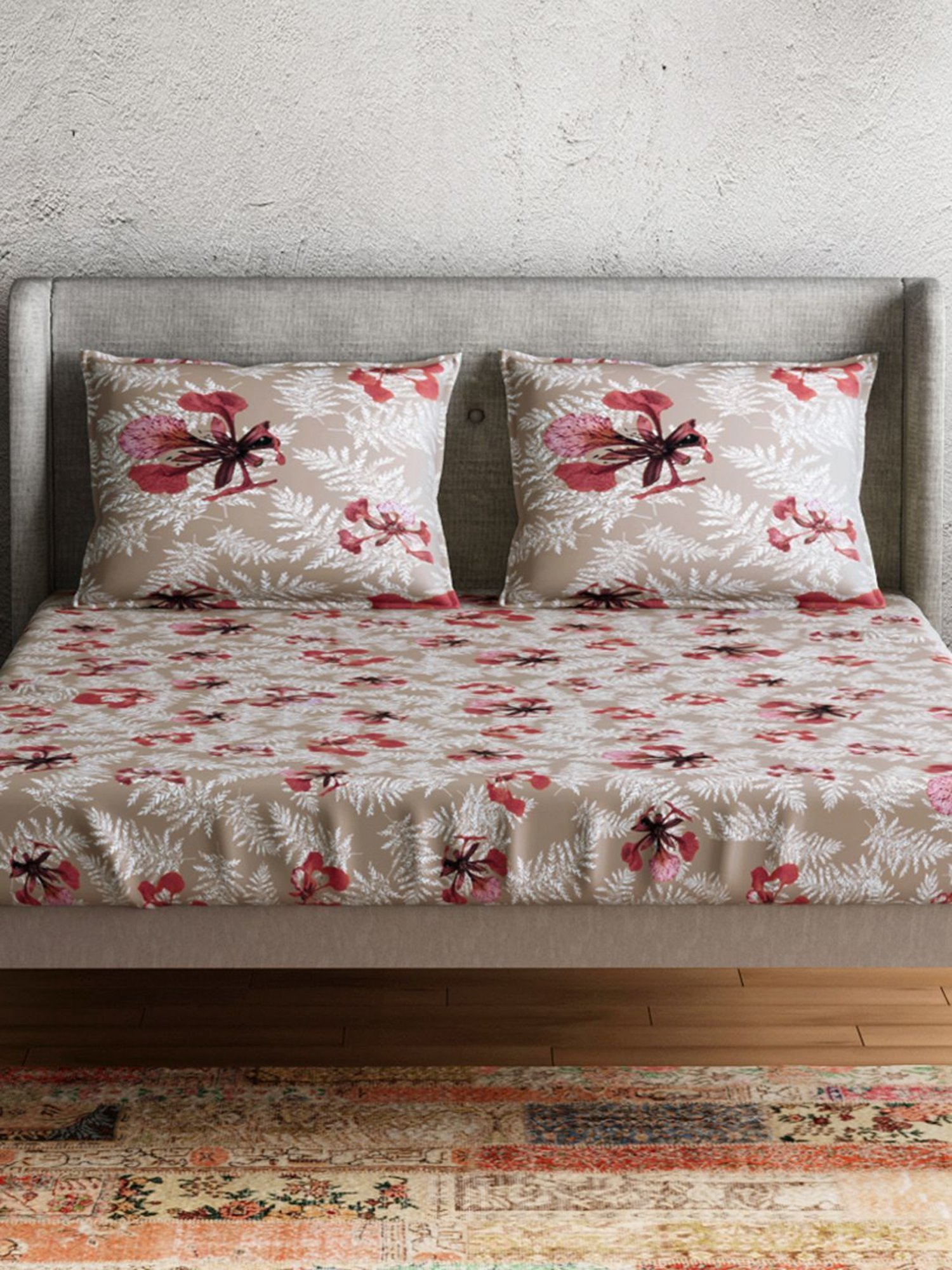 Petal Home Poinciana Floral Beige 300 TC Cotton Queen Size Bed Sheet with 2 Pillow Covers