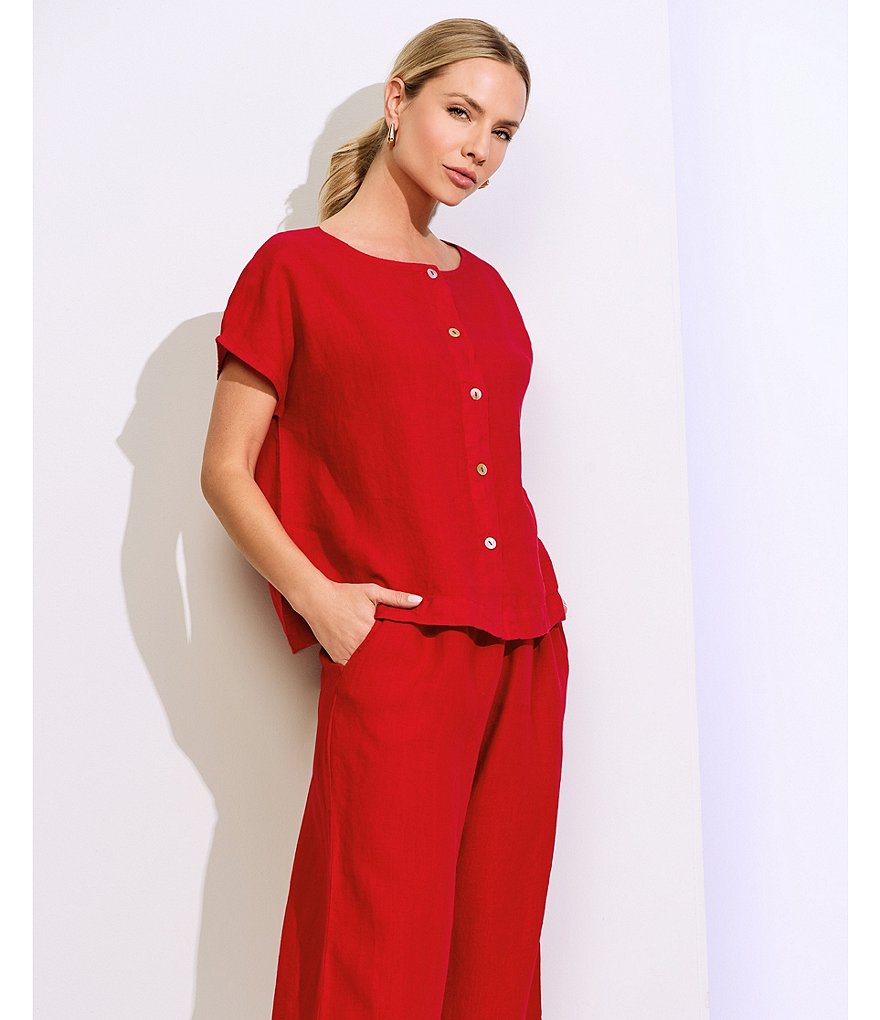 Bryn Walker Bessie Light Linen Cap Sleeve Button Front Boxy Shirt