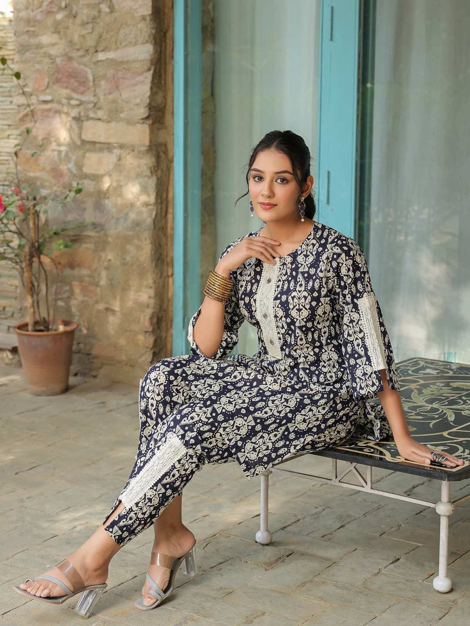 Rain and Rainbow Navy Cotton Printed Kurti & Pant Set