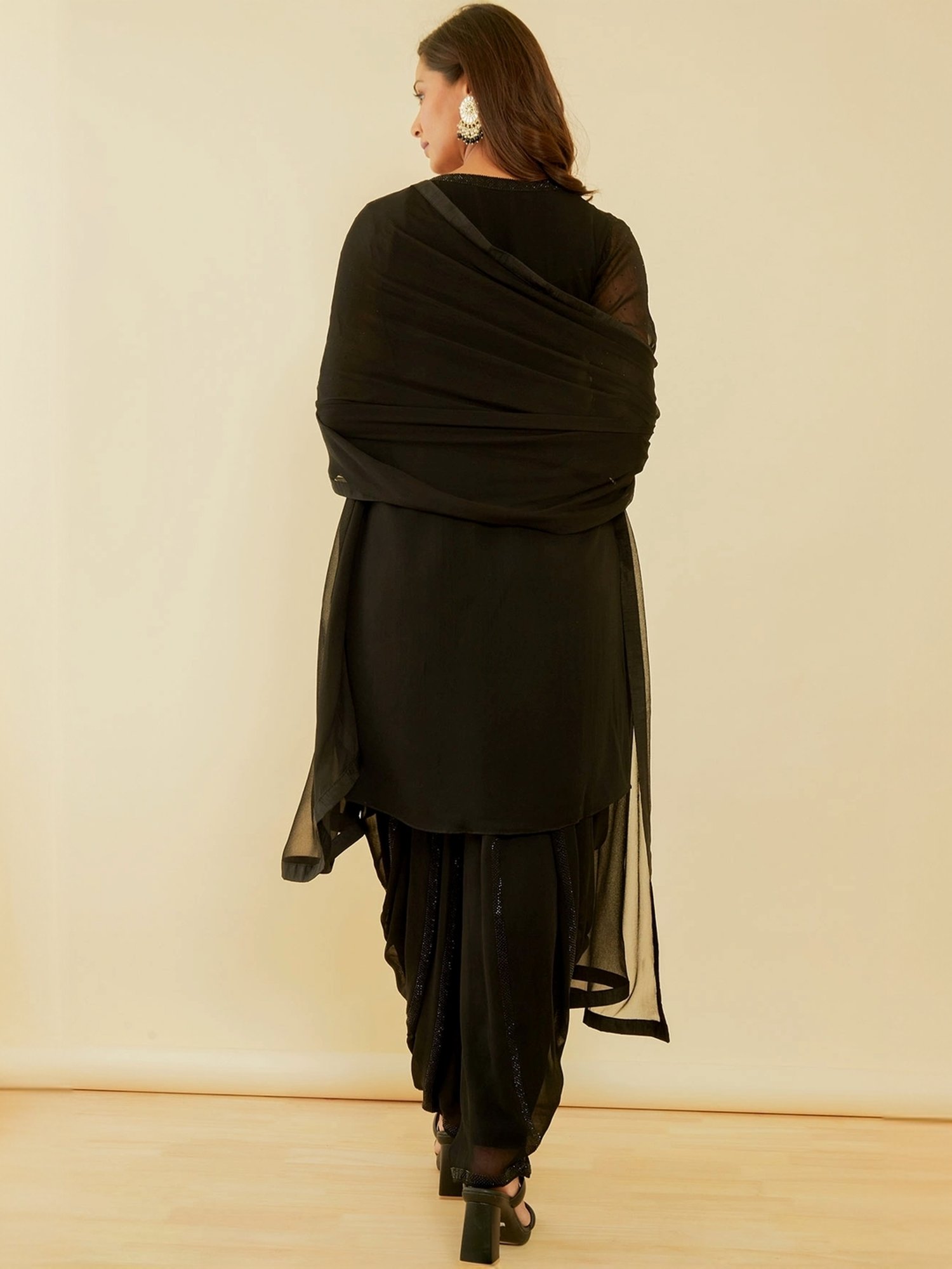 Soch Coal Black Embellished Kurti Dhoti Pant Set With Dupatta