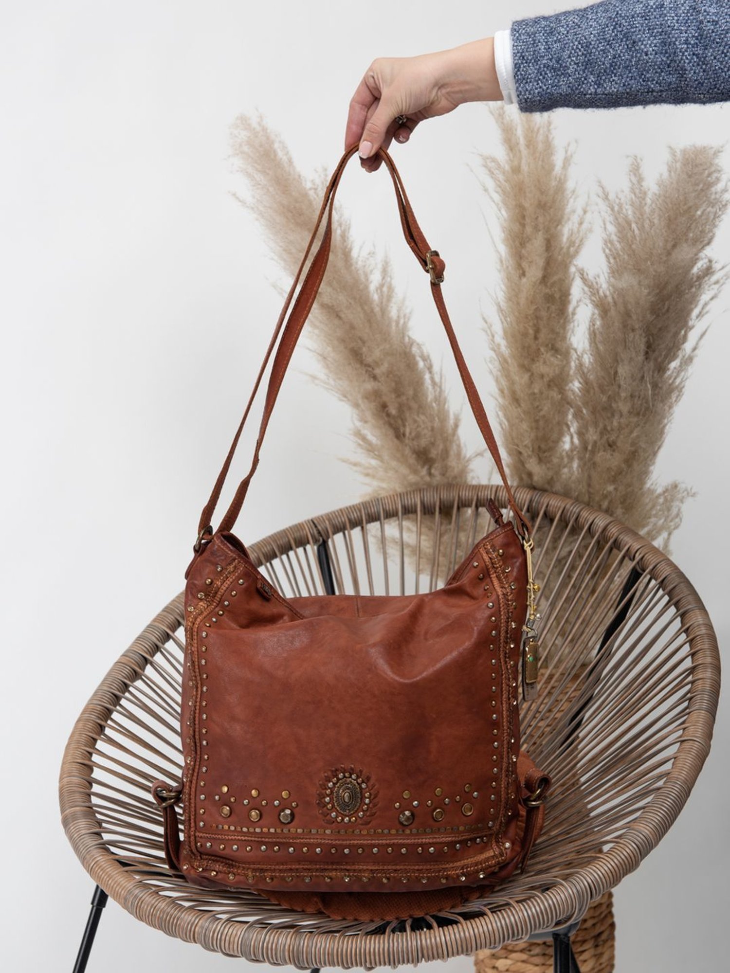 Art N Vintage Savio Cognac Leather Embellished Medium Sling Handbag