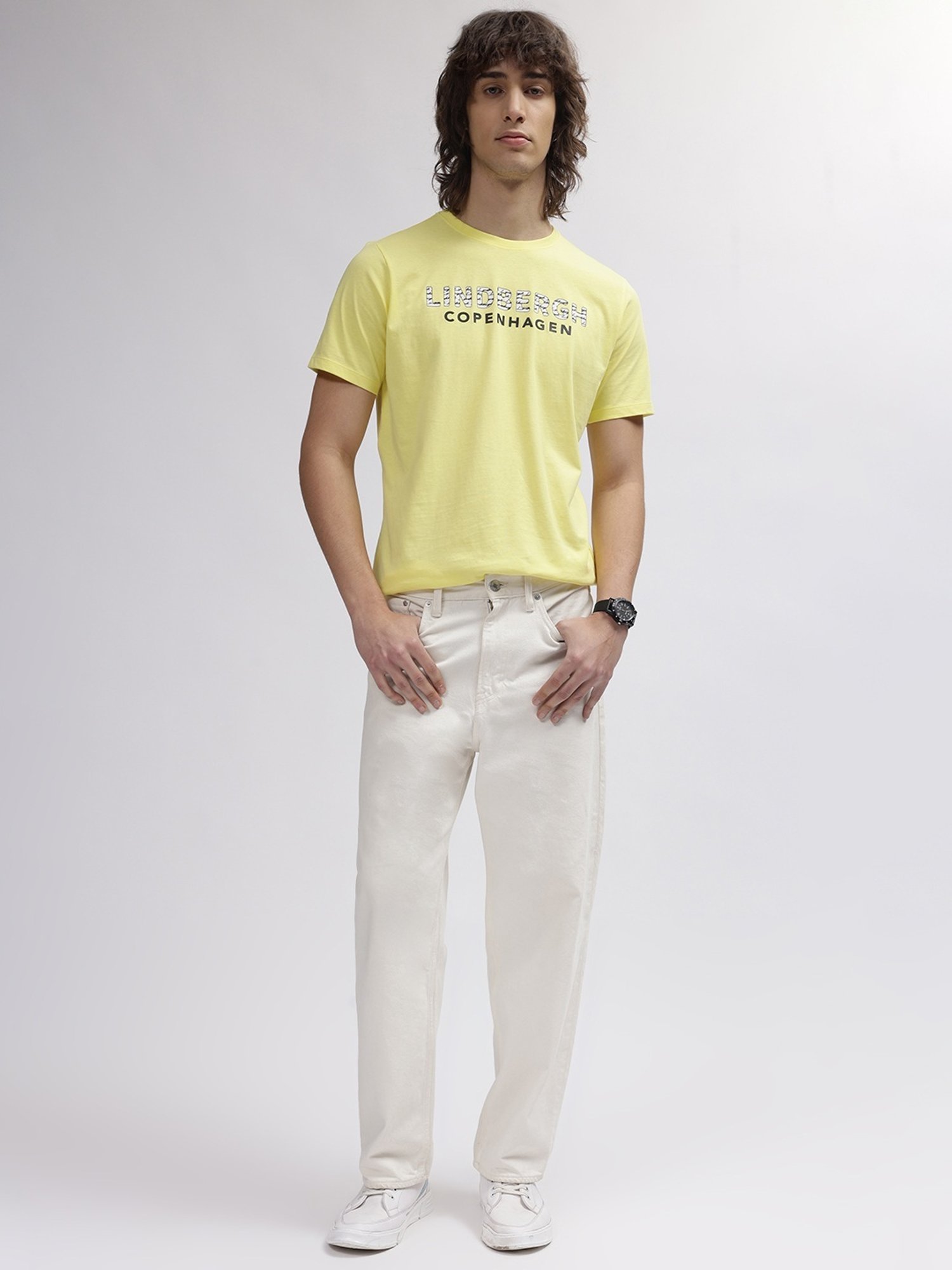 Lindbergh Yellow Cotton Regular Fit Printed T-Shirt