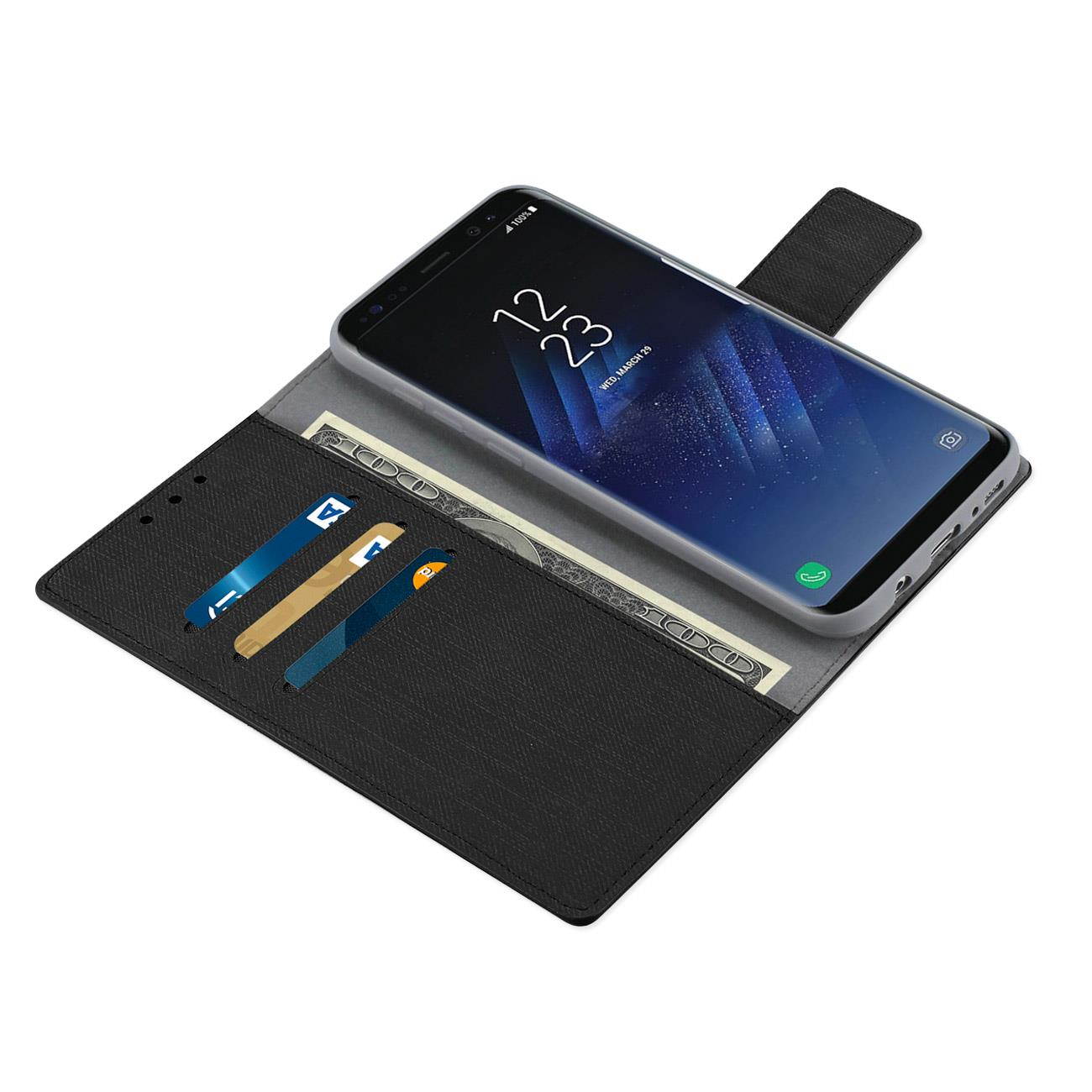 REIKO DENIM WALLET CASE FOR S8 EDGE/ S8 PLUS WITH GUMMY INNER SHELL AND KICKSTAND FUNCTION IN BLACK