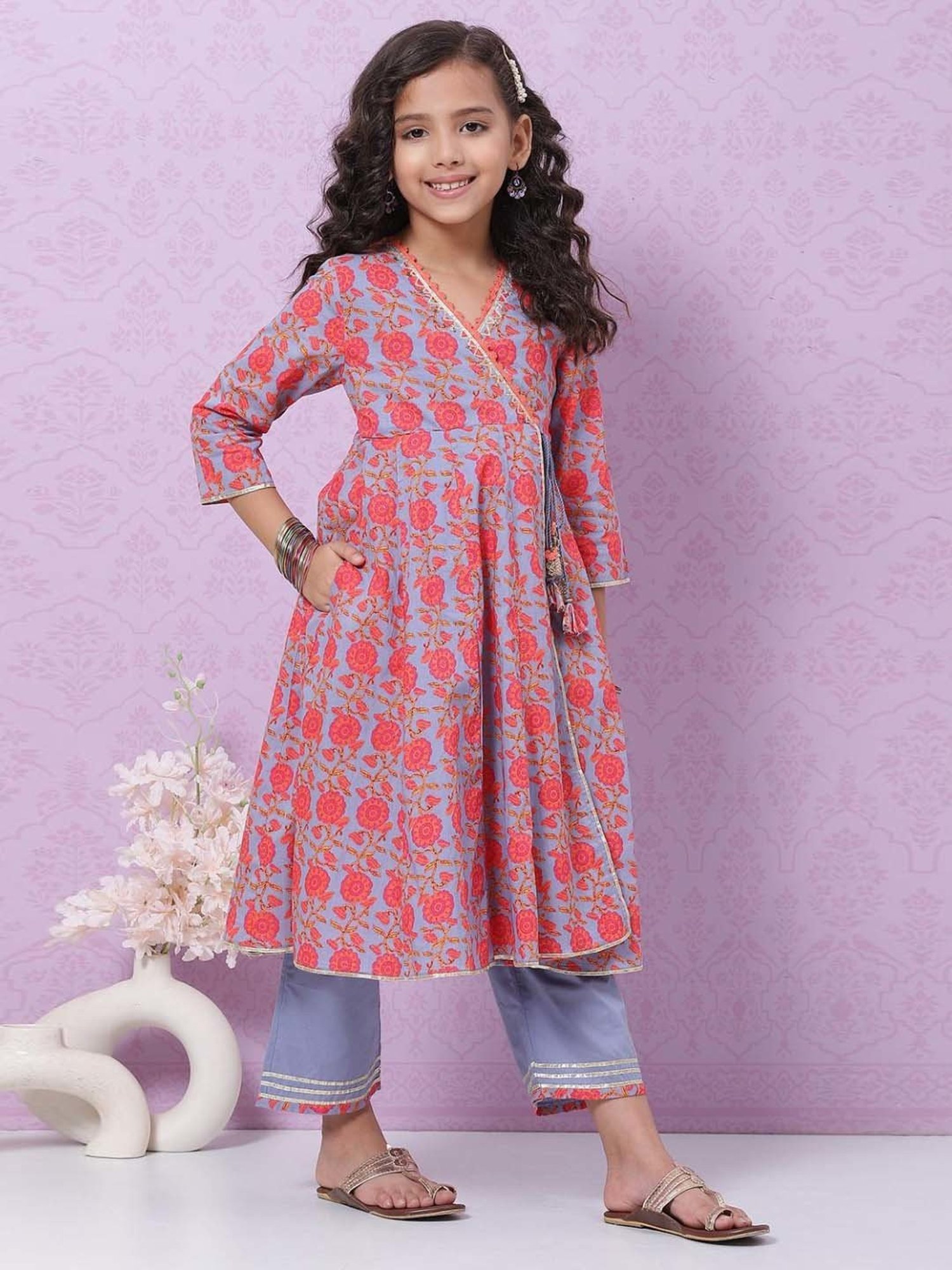 Biba Kids Blue & Red Cotton Floral Print Kurta Set