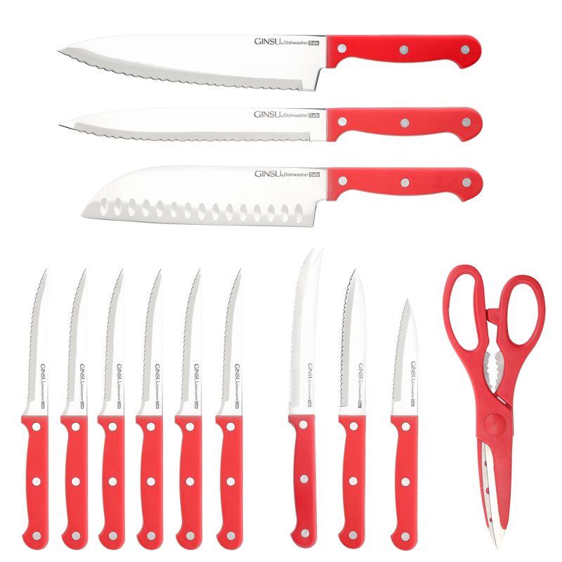 Ginsu Stainless Steel Serrated Knife Set 14pc with Red Kitchen Knives in a Natural Block