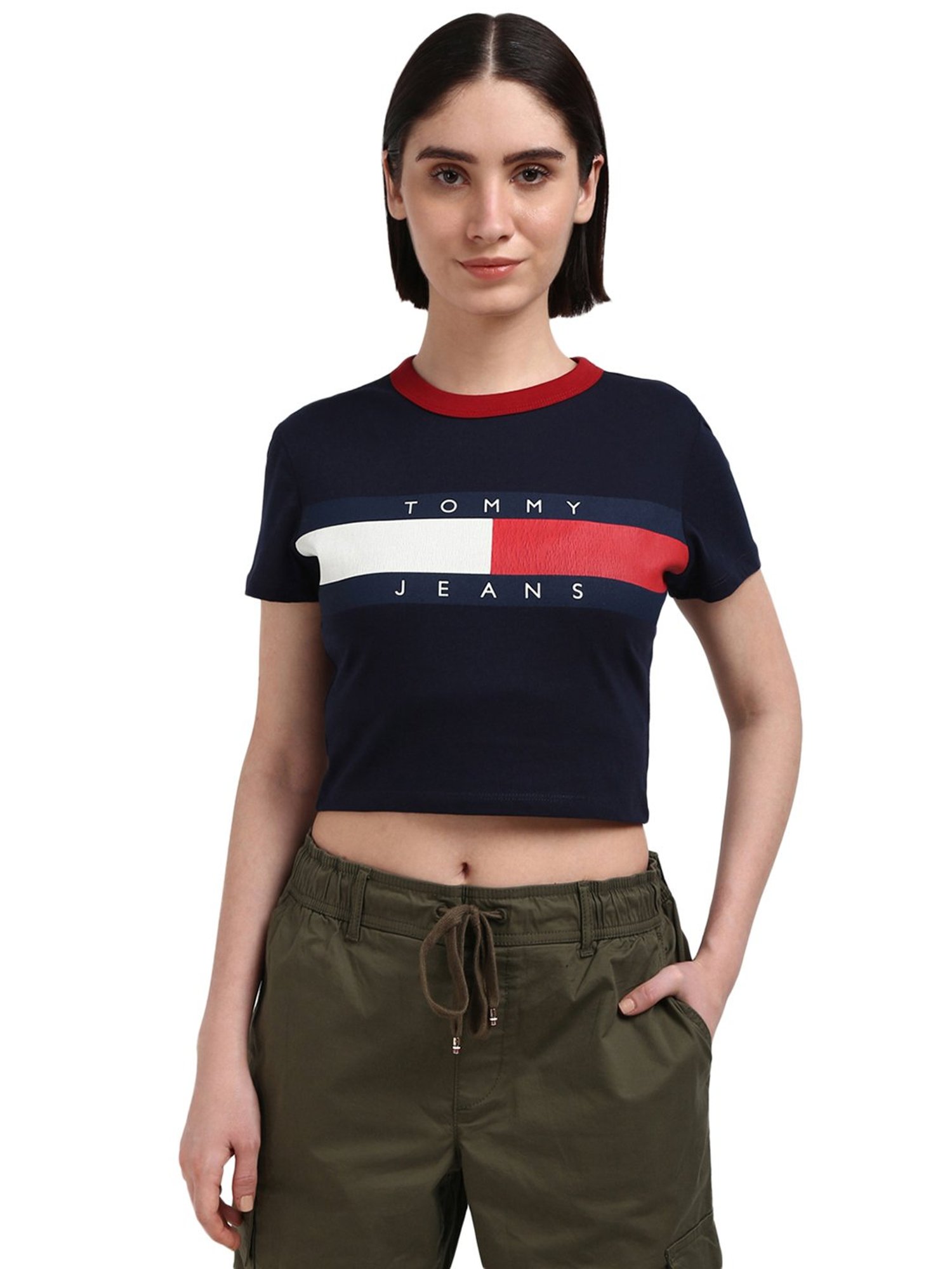 Tommy Hilfiger Navy Blue Cotton Printed Women T-Shirt