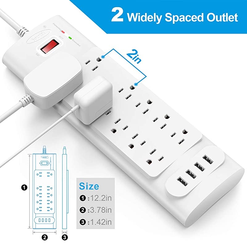 Power Strip with USB Ports  Surge Protector with 10 AC Outlets and 4 USB Charging Ports1875W15A 2100 Joules 6 Feet Long Extension Cord for Smartphone Tablets HomeOffice Hotel White